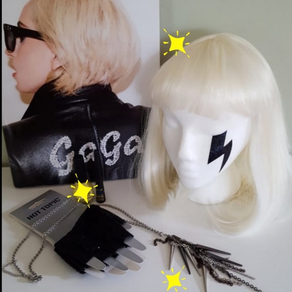 Lady Gaga Cosplay Halloween Costume Black Corset Wig Gloves Necklace & Makeup - Picture 5 of 13